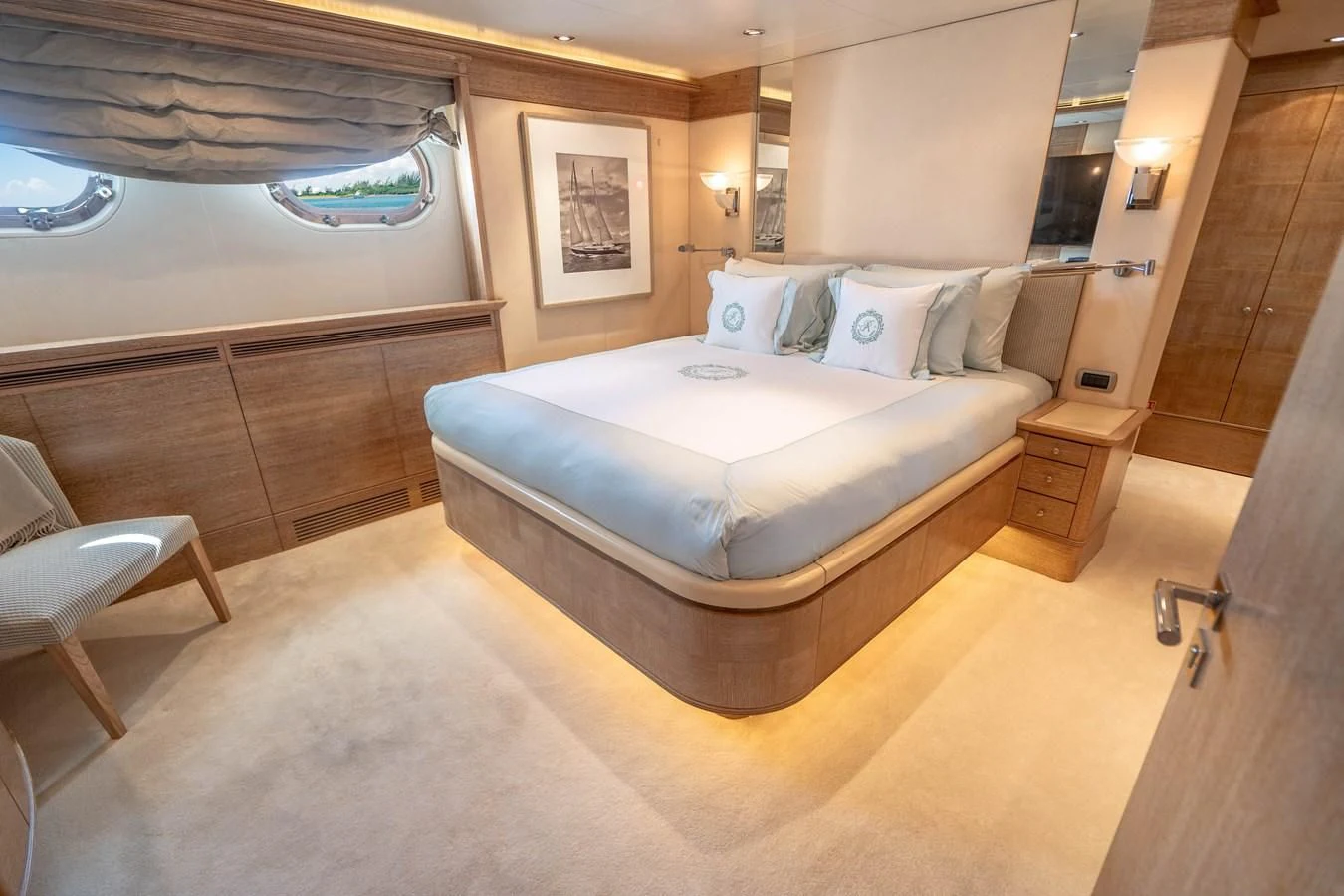 a bed in a room aboard ARTEMISEA Yacht for Sale