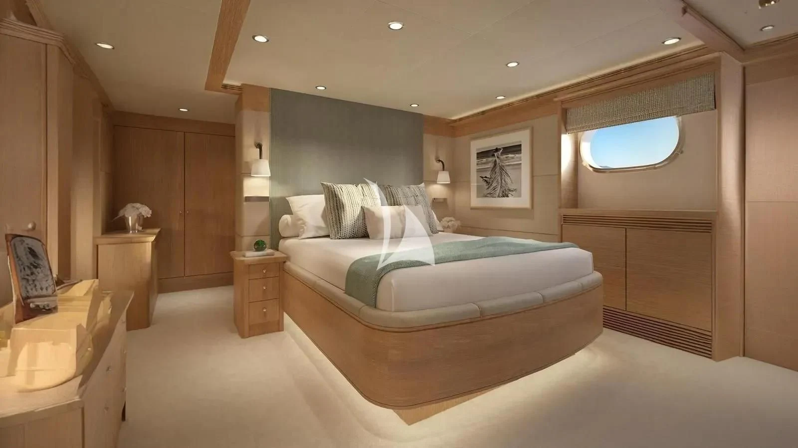 a large bedroom with a large bed aboard ARTEMISEA Yacht for Sale