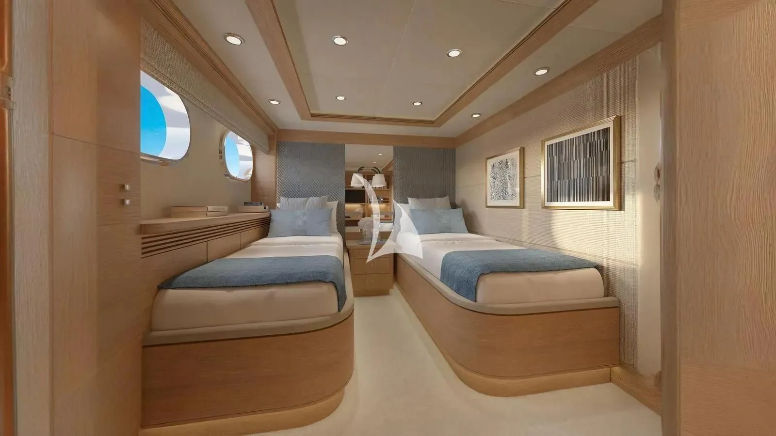 a room with a bed and a window aboard ARTEMISEA Yacht for Sale