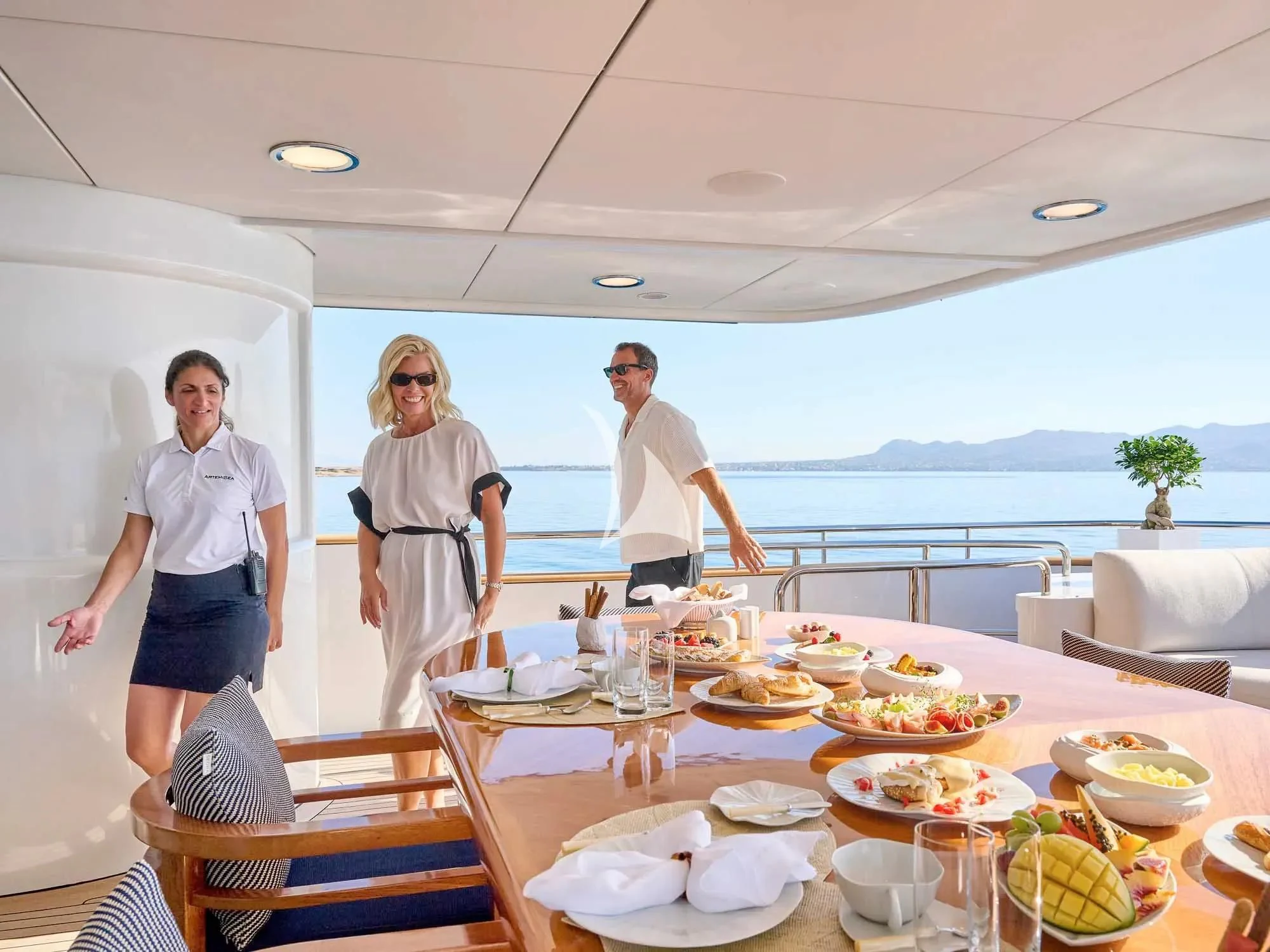 a group of people standing around a table with food on it aboard ARTEMISEA Yacht for Sale