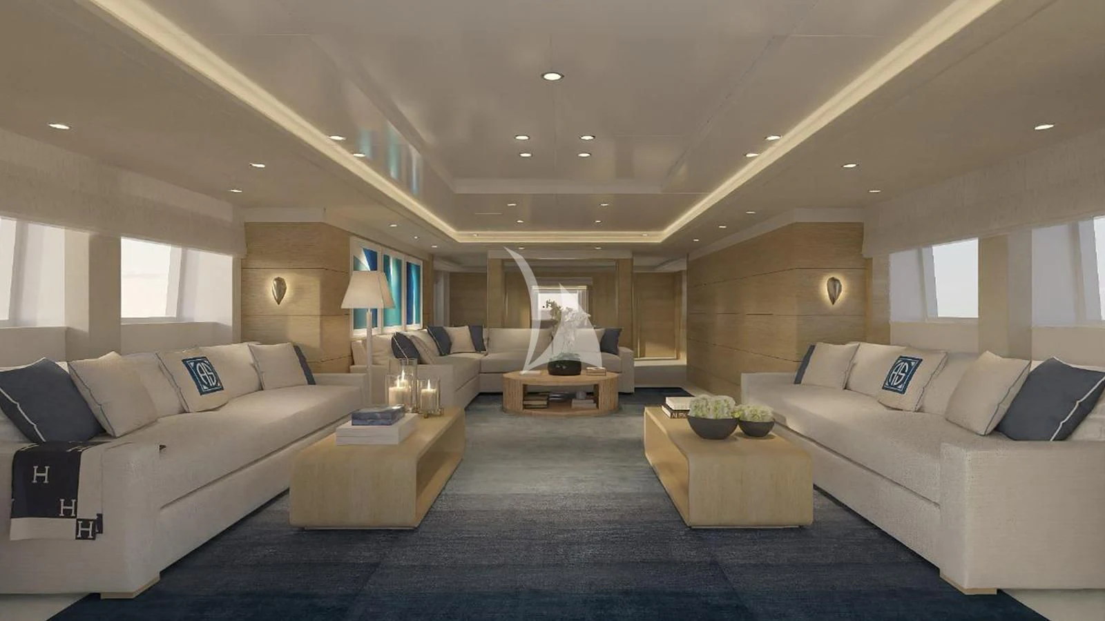 a living room with a couch and a coffee table aboard ARTEMISEA Yacht for Sale