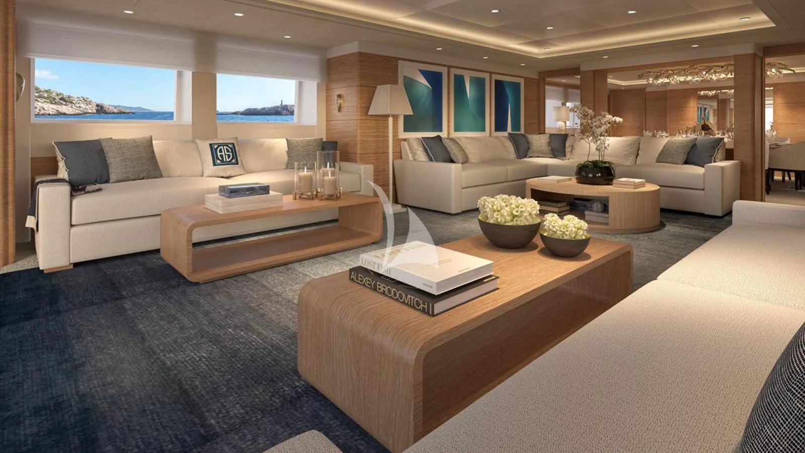 a living room with a couch and a coffee table aboard ARTEMISEA Yacht for Sale