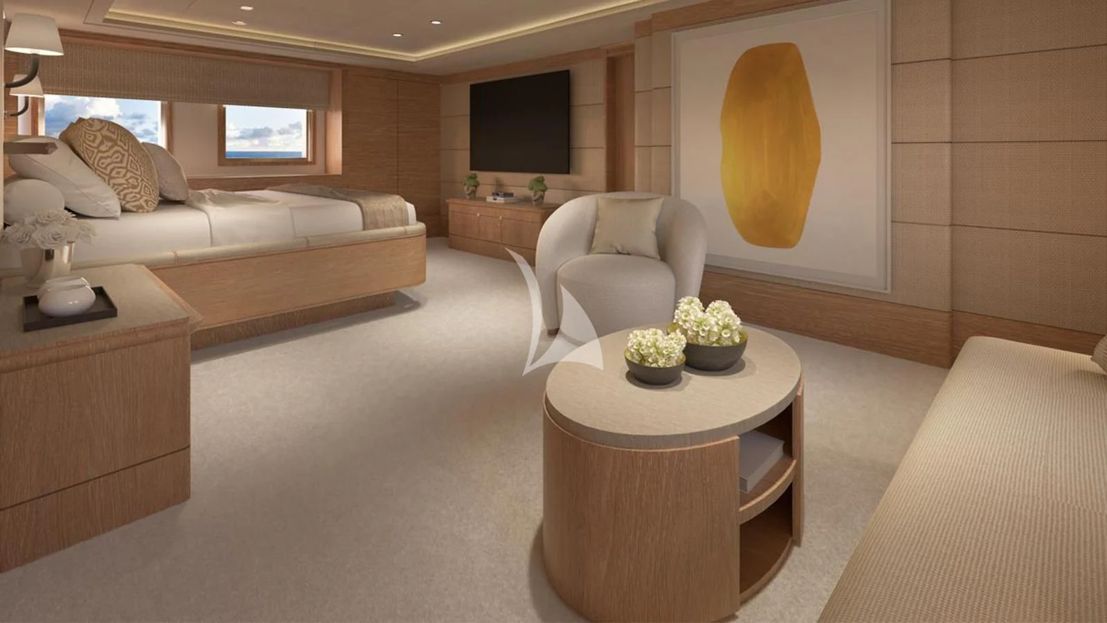 a living room with a large yellow balloon floating in the air aboard ARTEMISEA Yacht for Sale
