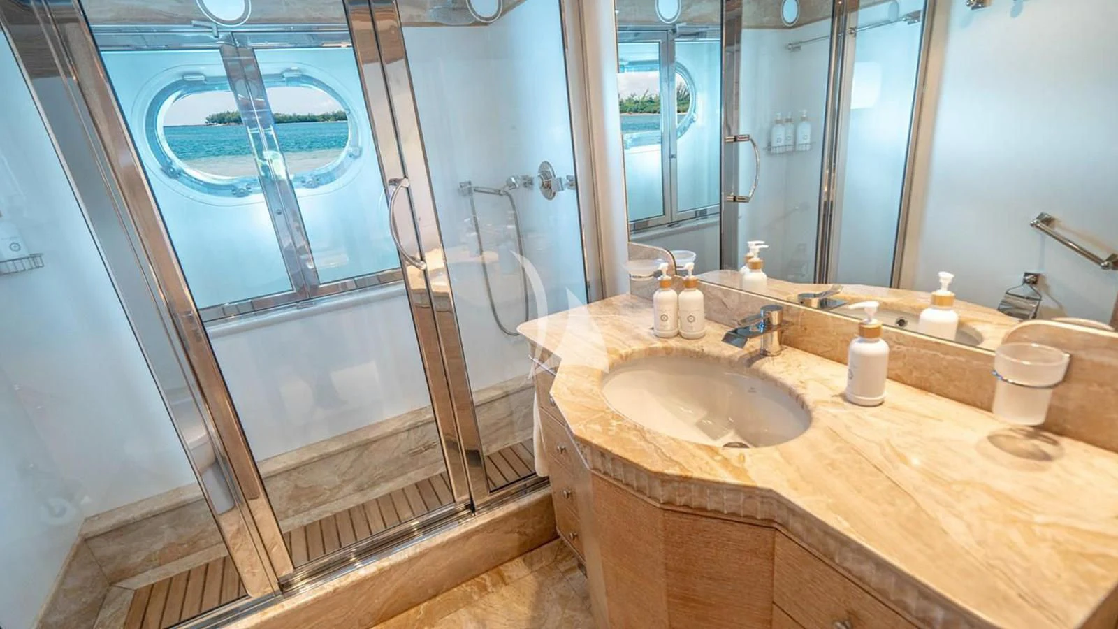 a bathroom with a sink and a shower aboard ARTEMISEA Yacht for Sale