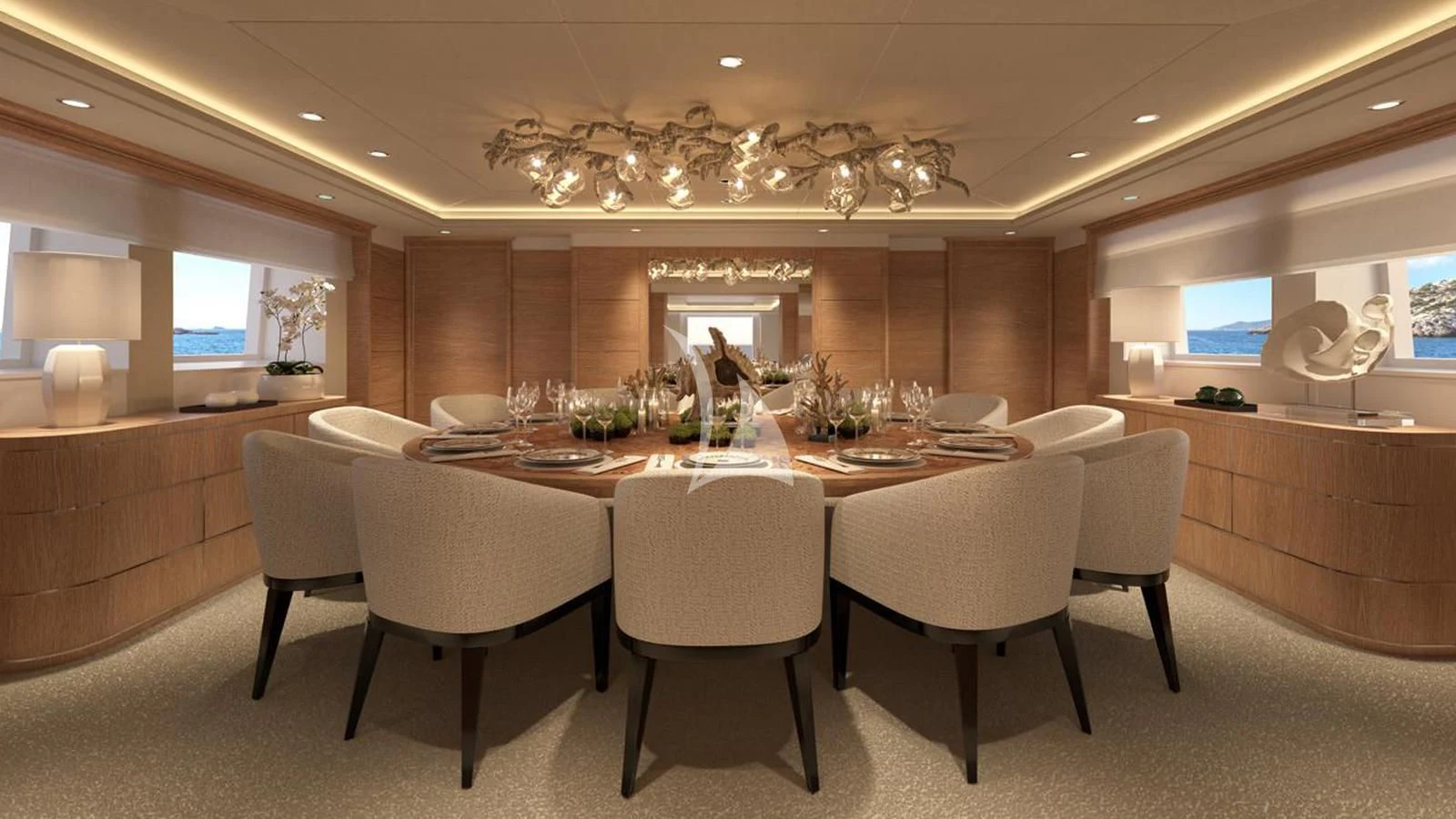 a large kitchen with a dining table aboard ARTEMISEA Yacht for Sale