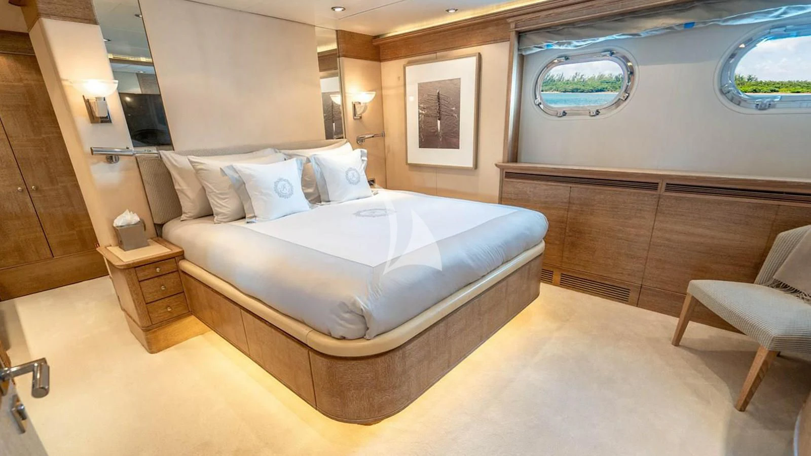 a bed in a room aboard ARTEMISEA Yacht for Sale