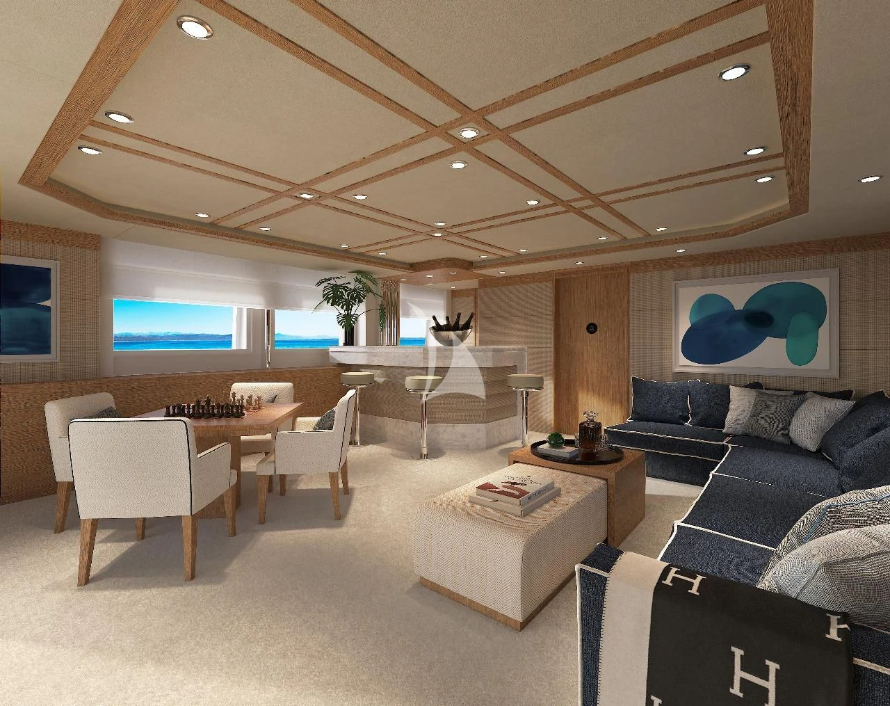 a living room with a couch and a table aboard ARTEMISEA Yacht for Sale