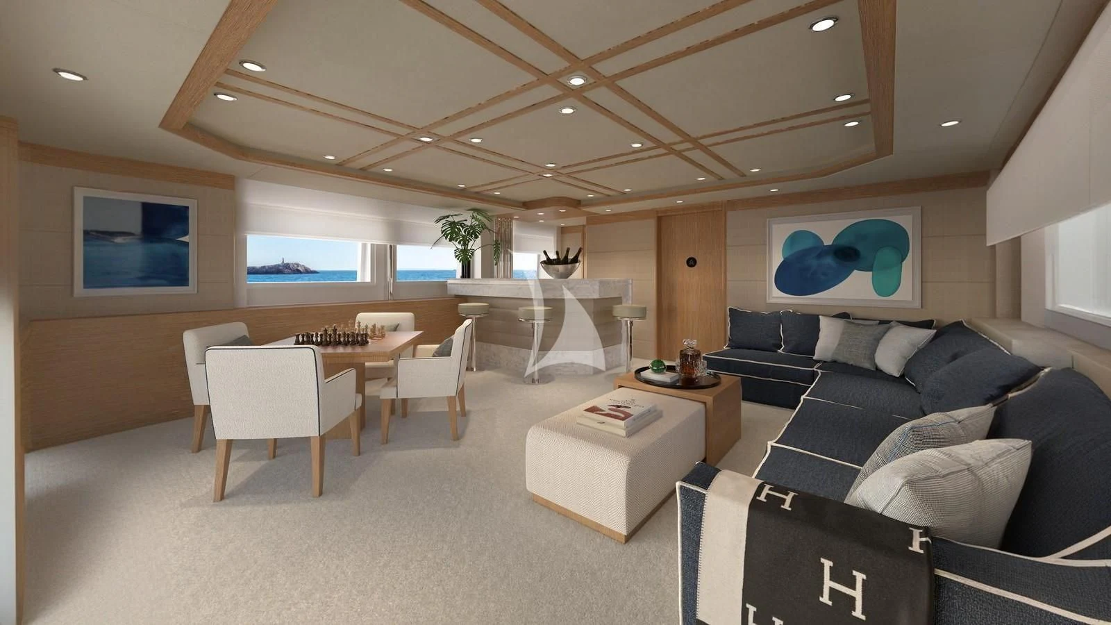 a living room with a couch and a table aboard ARTEMISEA Yacht for Sale