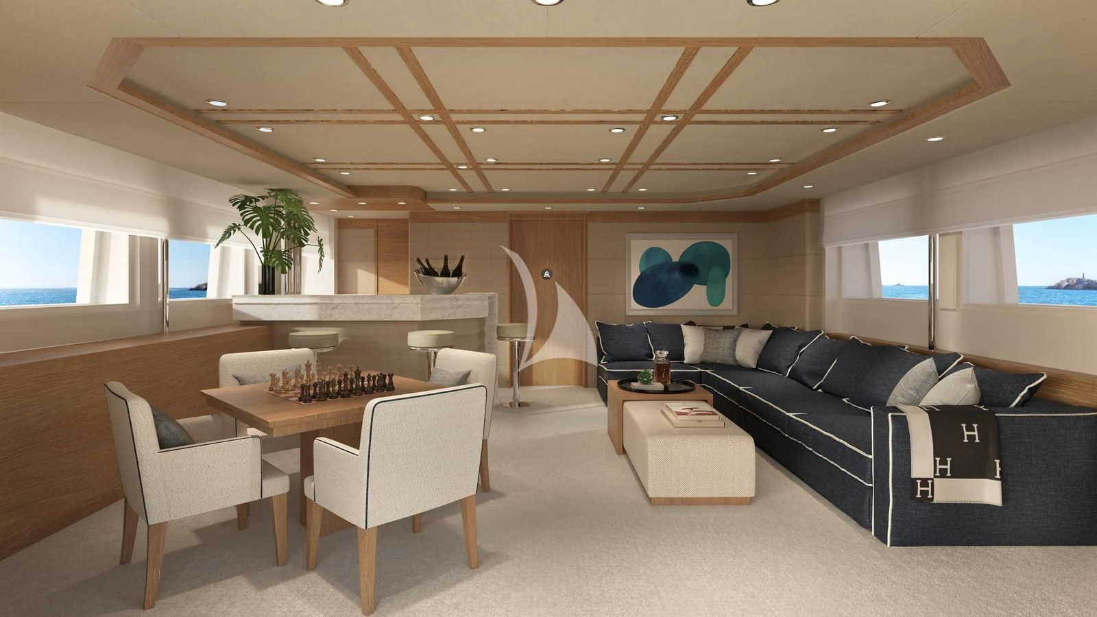a living room with a couch and a table aboard ARTEMISEA Yacht for Sale