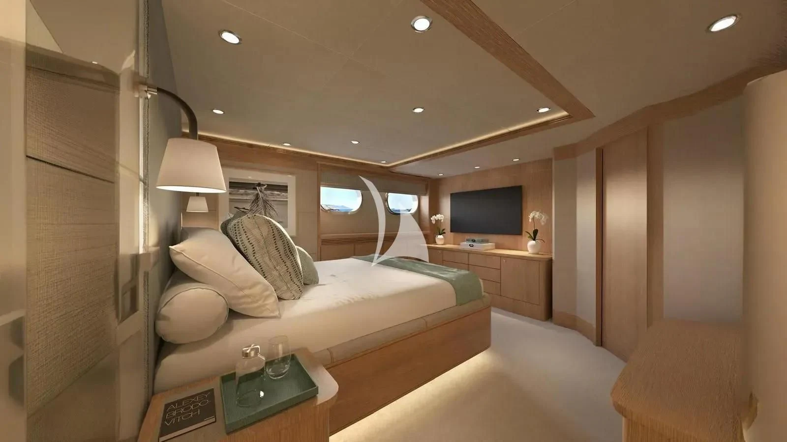 a room with a bed and a desk aboard ARTEMISEA Yacht for Sale