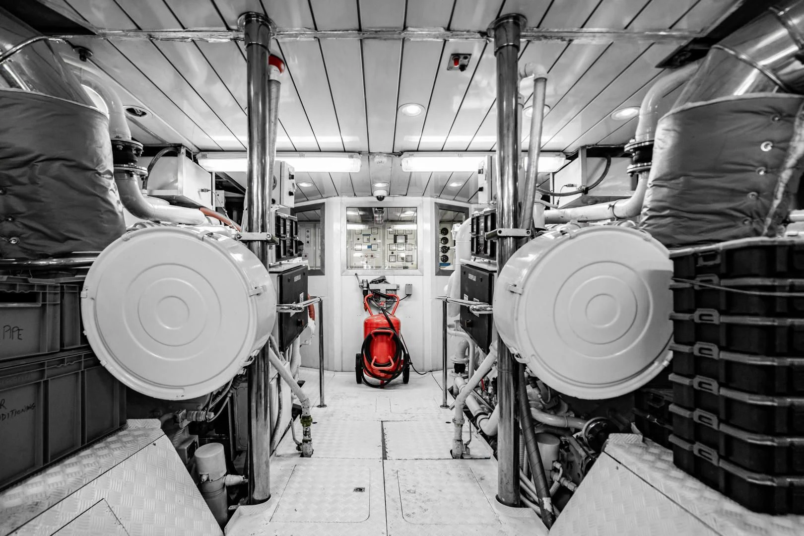 a room with large pipes aboard ARTEMISEA Yacht for Sale