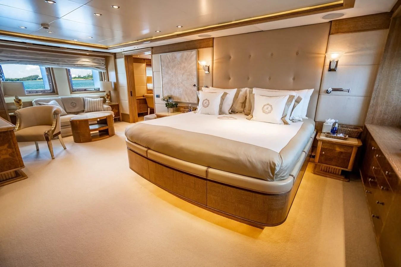 a large bed in a hotel room aboard ARTEMISEA Yacht for Sale