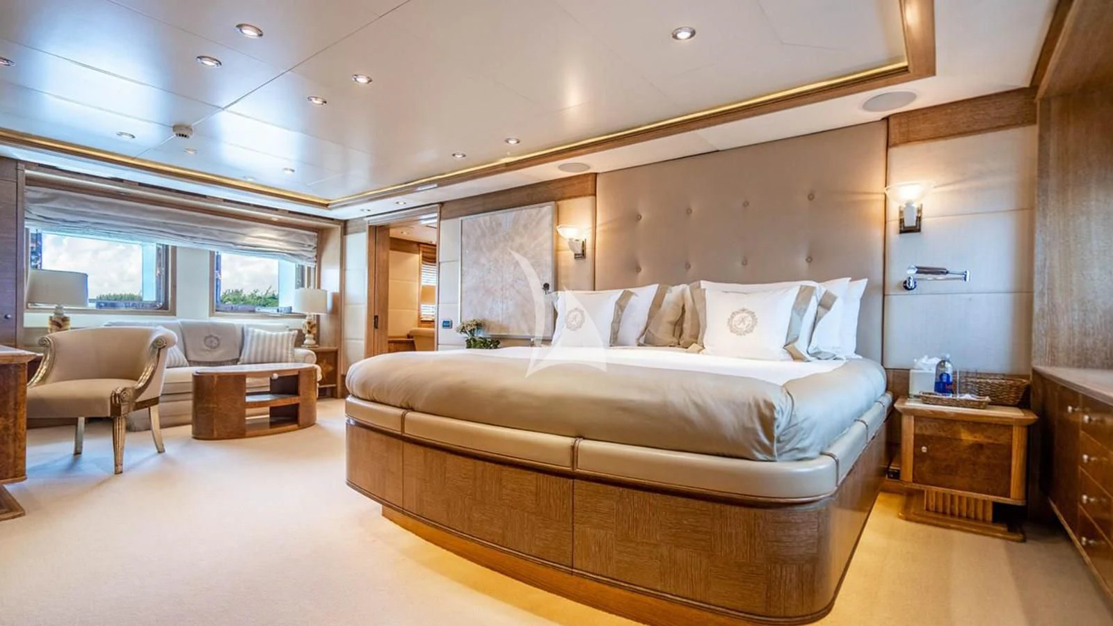 a large bed in a room aboard ARTEMISEA Yacht for Sale