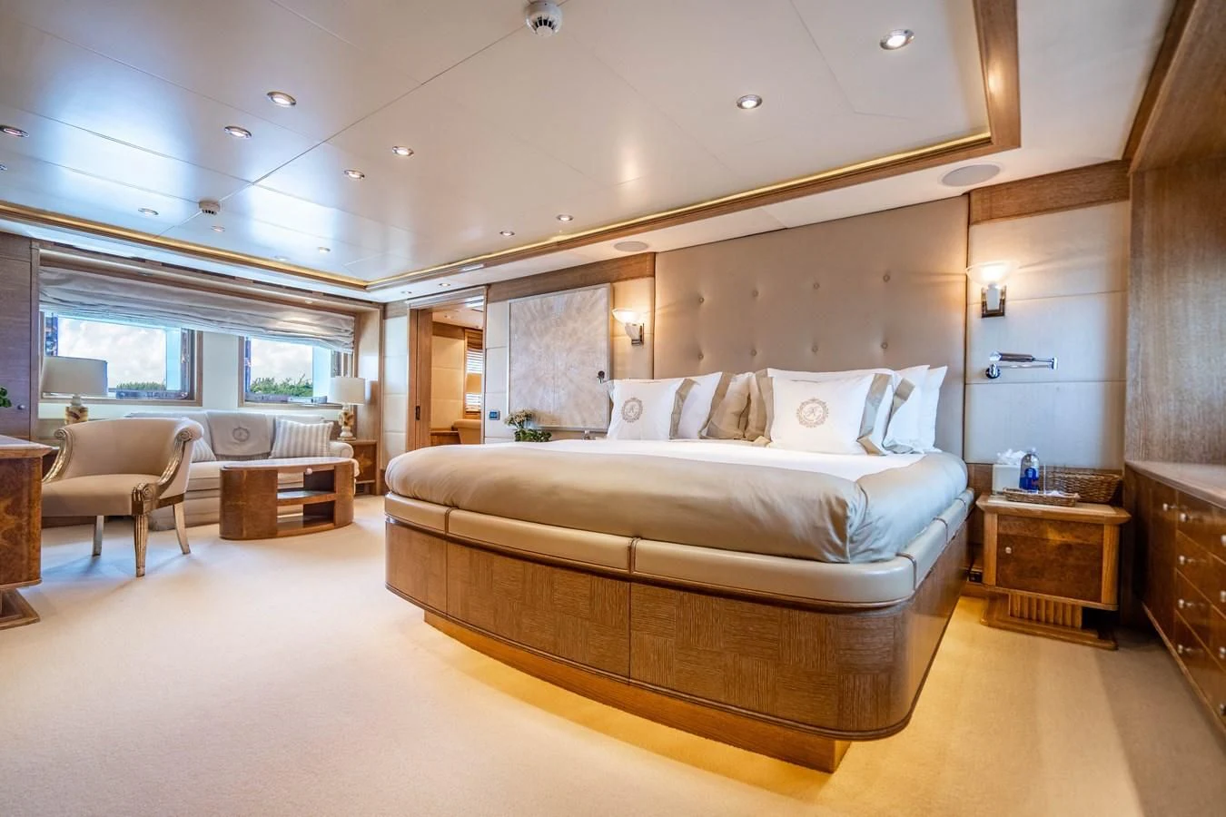 a large bed in a room aboard ARTEMISEA Yacht for Sale