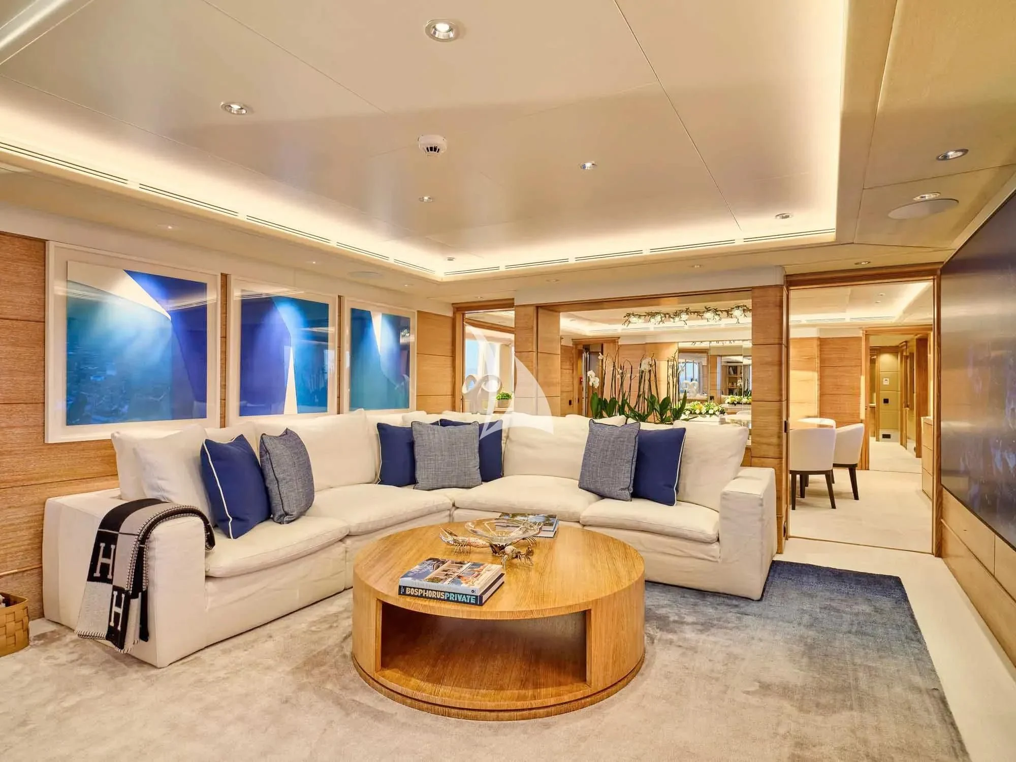 a living room with a couch and a coffee table aboard ARTEMISEA Yacht for Sale