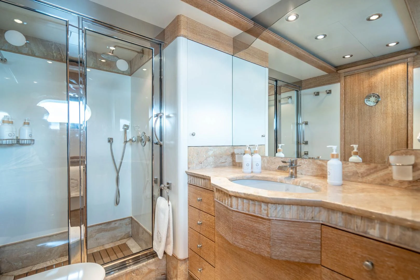 a bathroom with a large shower aboard ARTEMISEA Yacht for Sale