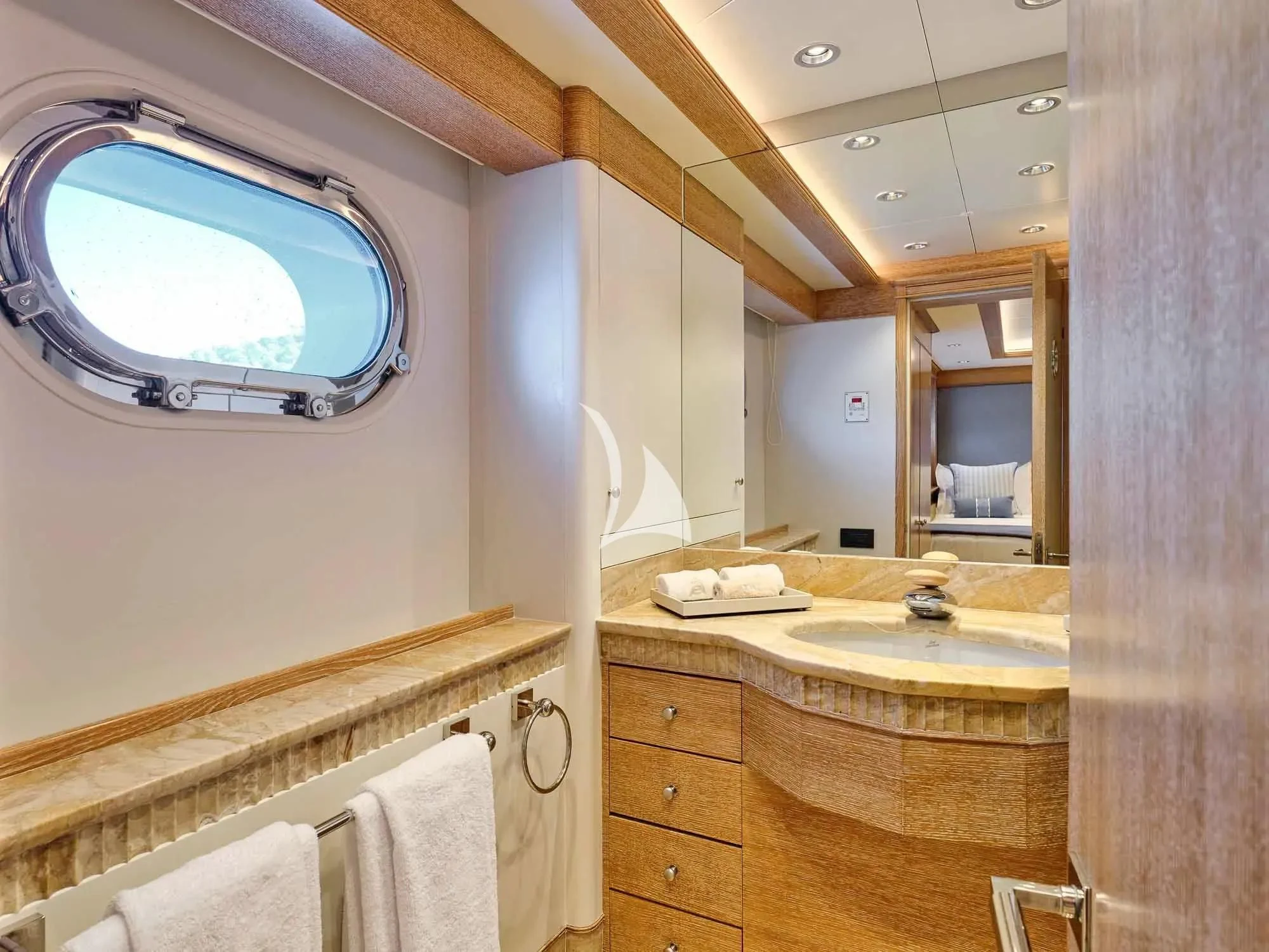 a bathroom with a large window aboard ARTEMISEA Yacht for Sale
