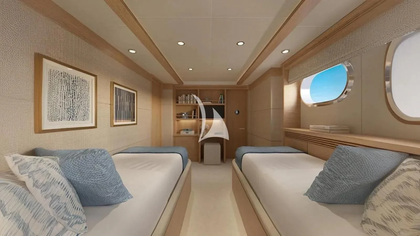a room with a bed and a mirror aboard ARTEMISEA Yacht for Sale