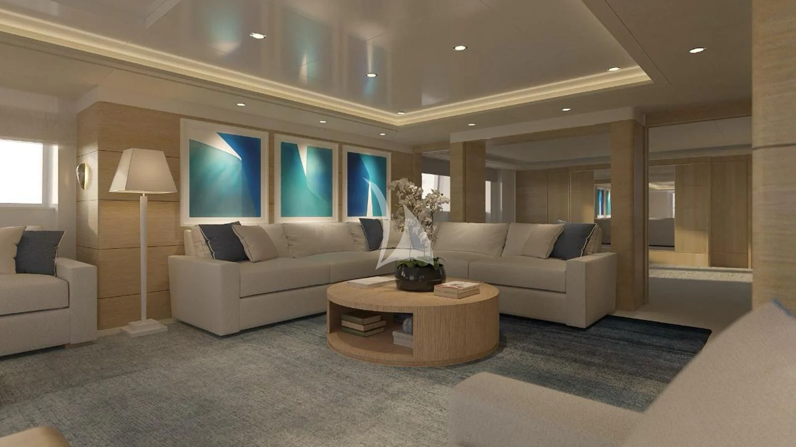 a living room with a large window aboard ARTEMISEA Yacht for Sale