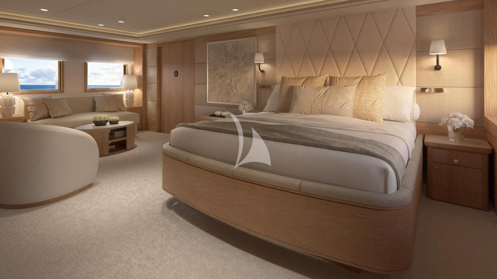 a large bedroom with a large bed aboard ARTEMISEA Yacht for Sale