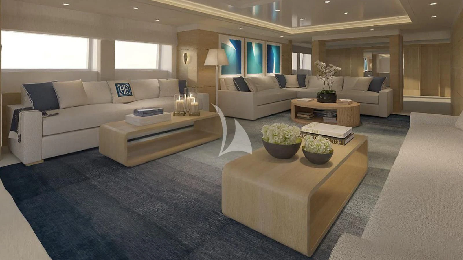 a living room with a couch and a coffee table aboard ARTEMISEA Yacht for Sale