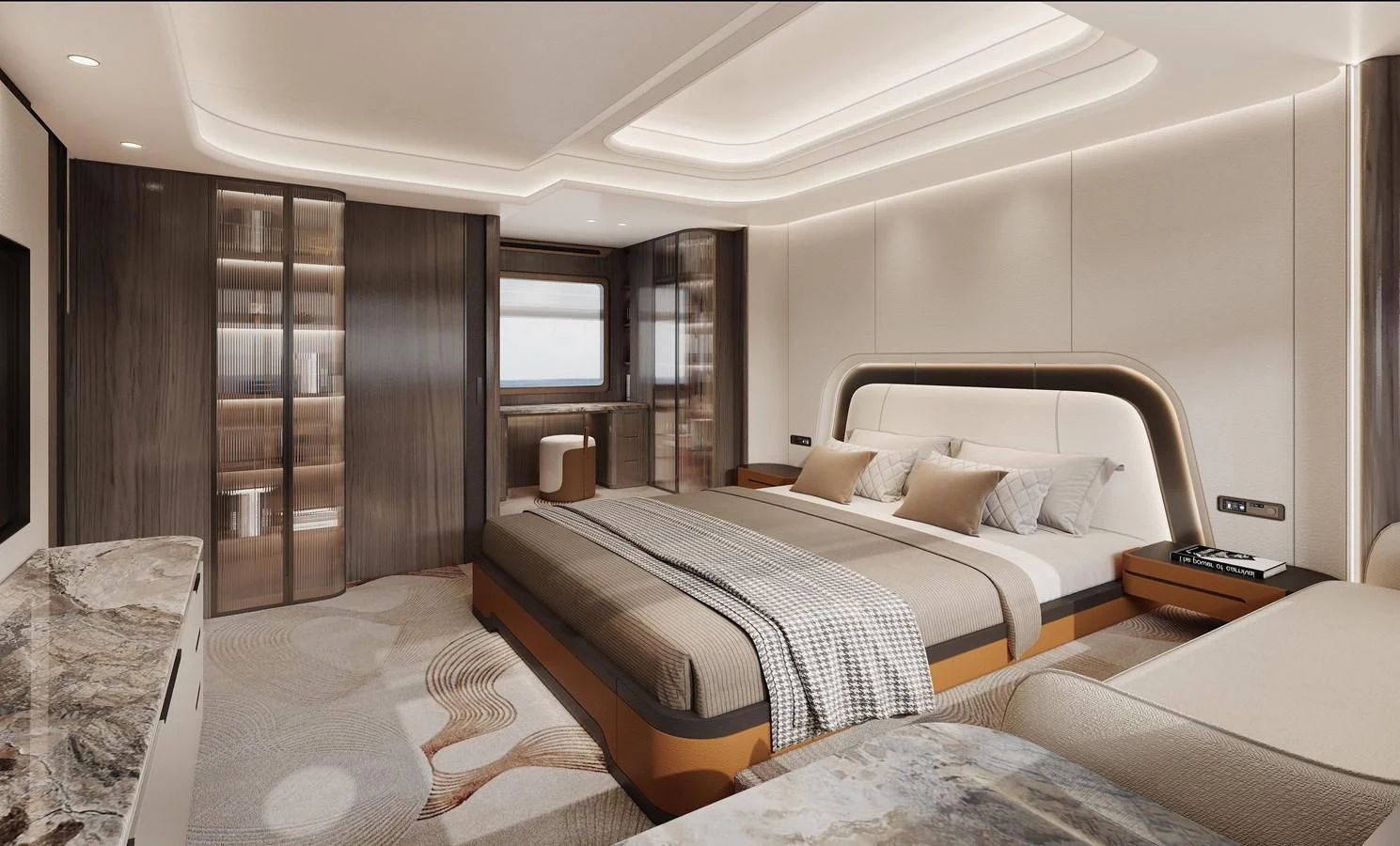 a hotel room with two beds aboard AQUITALIA 68 Yacht for Sale