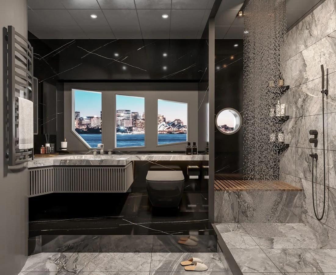 a bathroom with a large stone wall aboard AQUITALIA 68 Yacht for Sale