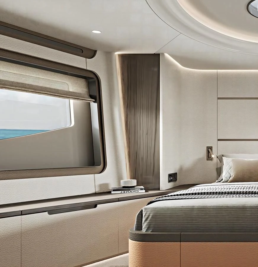 a room with a bed and a window aboard AQUITALIA 68 Yacht for Sale