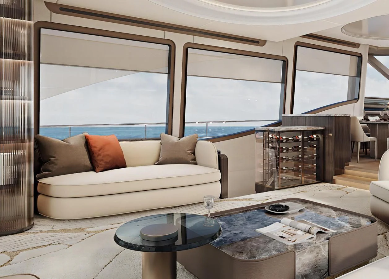 a living room with a couch and a coffee table aboard AQUITALIA 68 Yacht for Sale