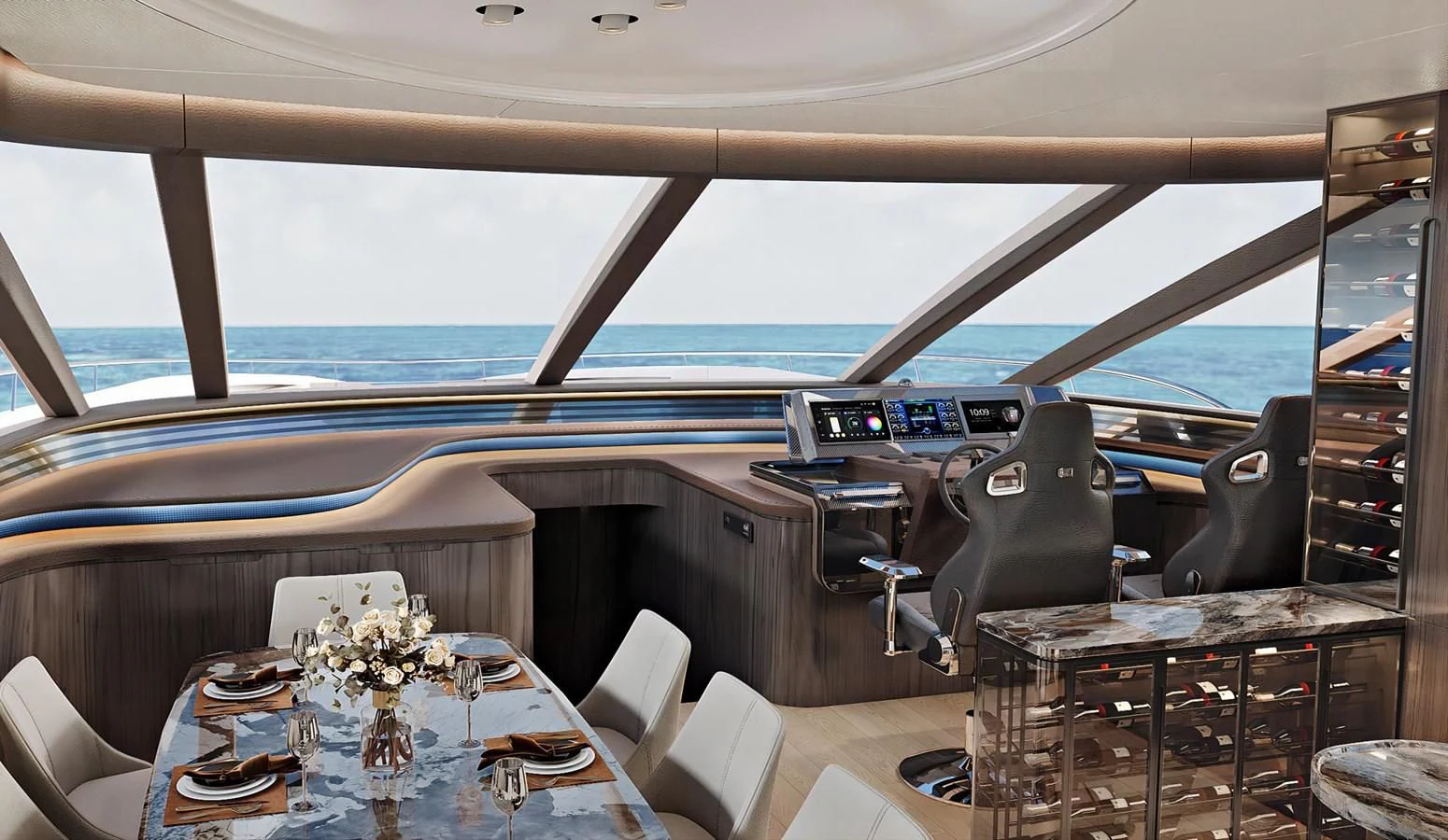 inside of a vehicle with a table and chairs and a view of the ocean aboard AQUITALIA 68 Yacht for Sale