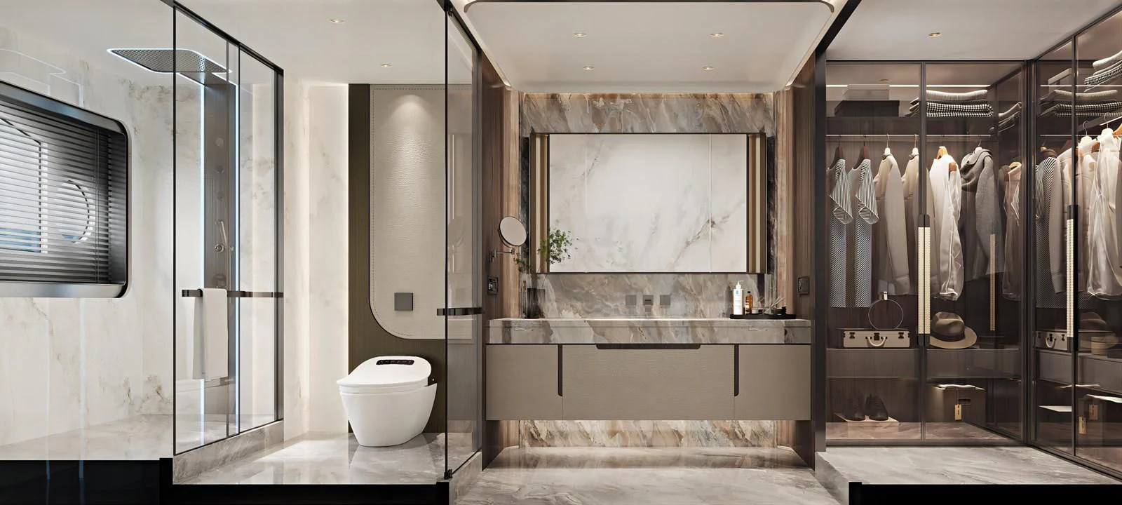 a bathroom with a glass shower aboard AQUITALIA 68 Yacht for Sale