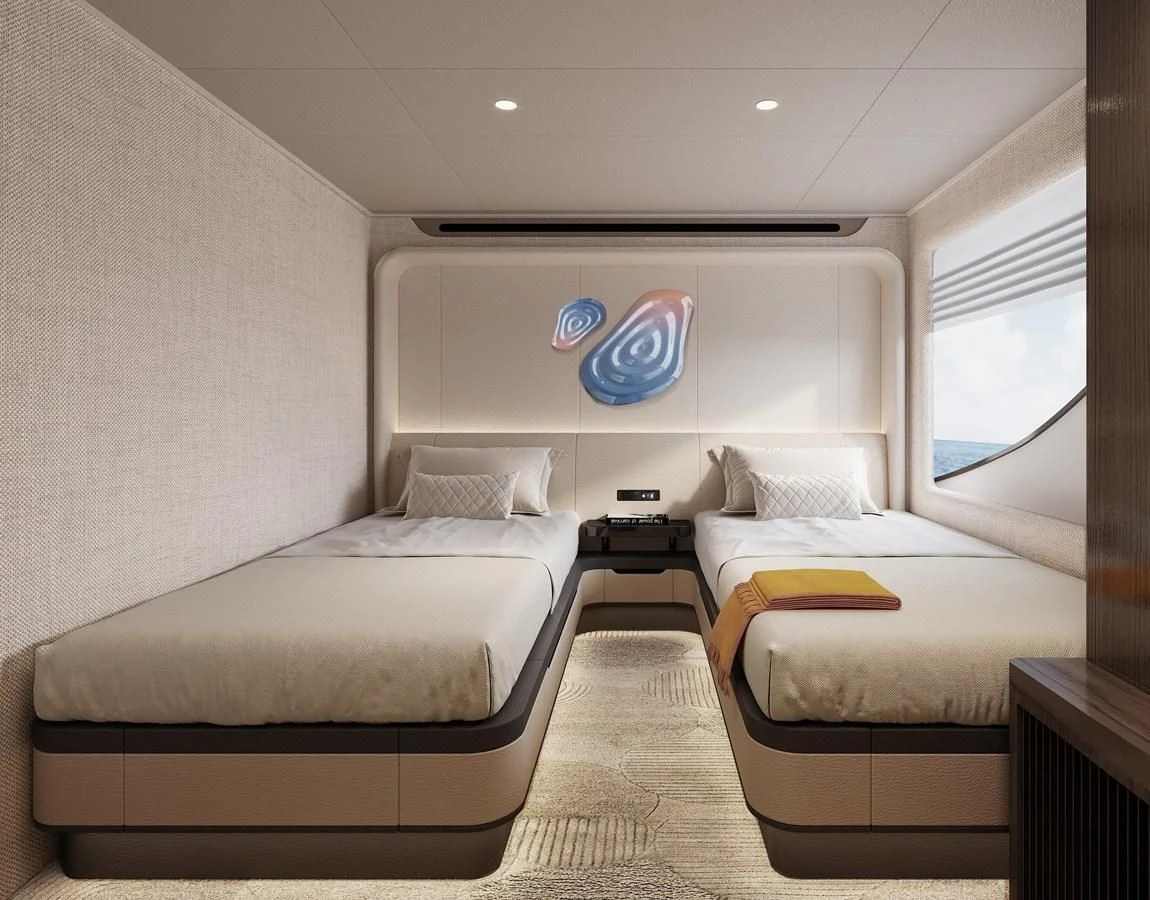 a room with two beds aboard AQUITALIA 68 Yacht for Sale