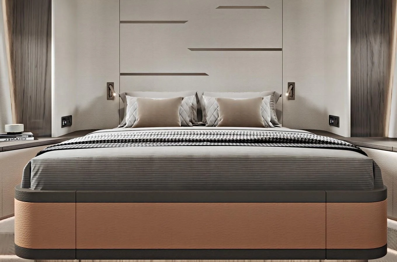 a bed with a black frame aboard AQUITALIA 68 Yacht for Sale