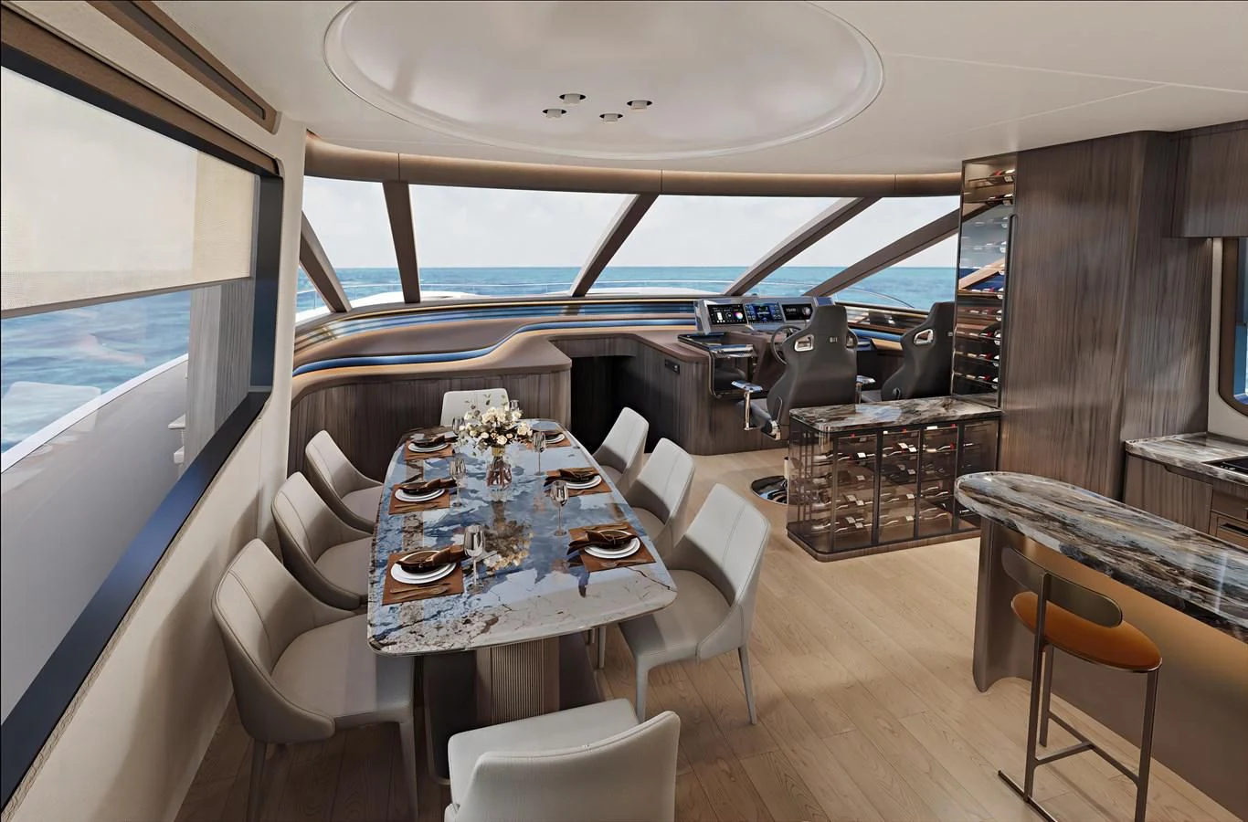 a room with a table and chairs aboard AQUITALIA 68 Yacht for Sale