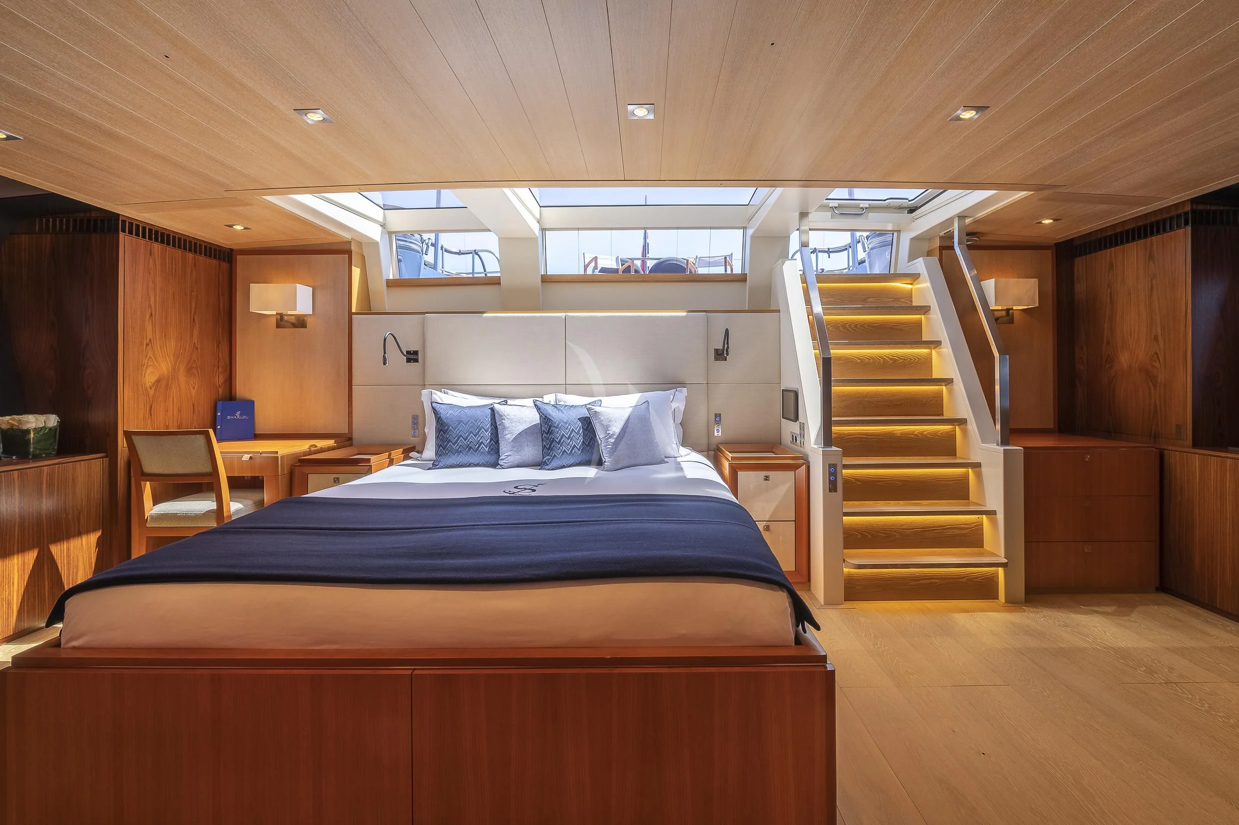 a bed in a room aboard SHARLOU Yacht for Sale