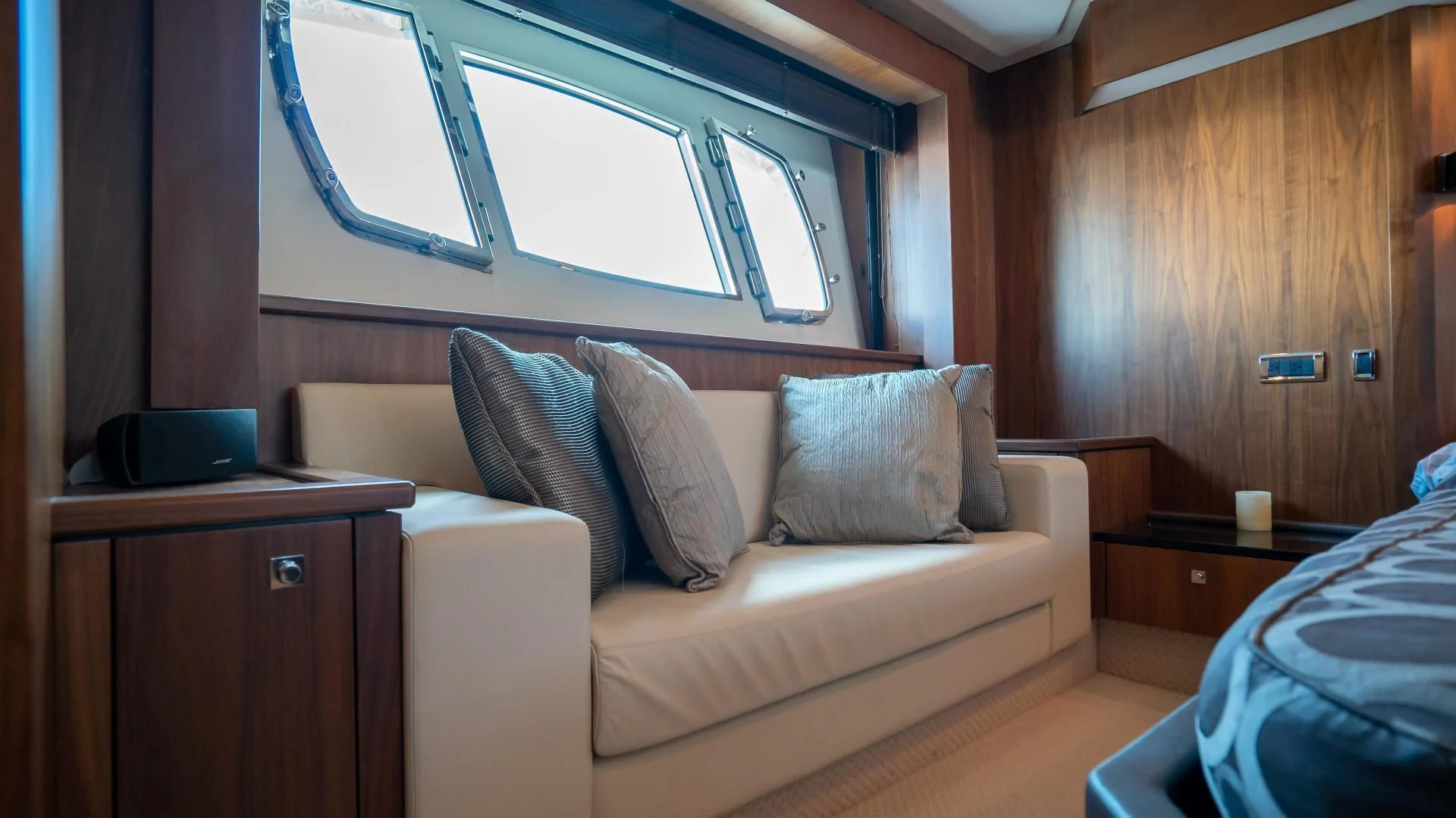 a couch in a room aboard JIMBO Yacht for Sale