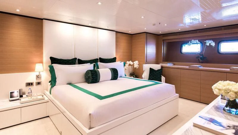 a bed in a room aboard MISCHIEF Yacht for Sale
