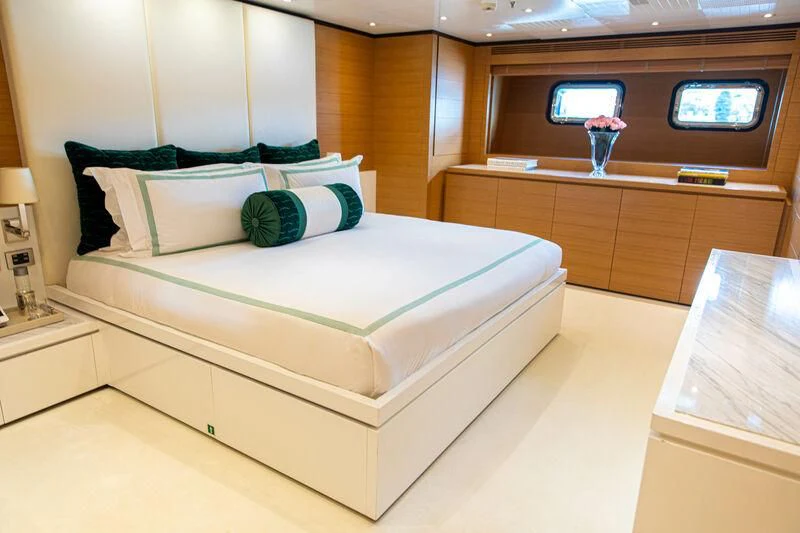 a bed in a room aboard MISCHIEF Yacht for Sale