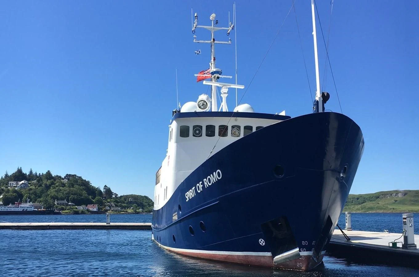 a large blue and white boat aboard SPIRIT OF GINETTE Yacht for Sale