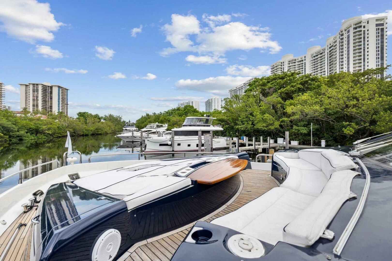 a boat parked on a dock aboard THE CABANA Yacht for Sale