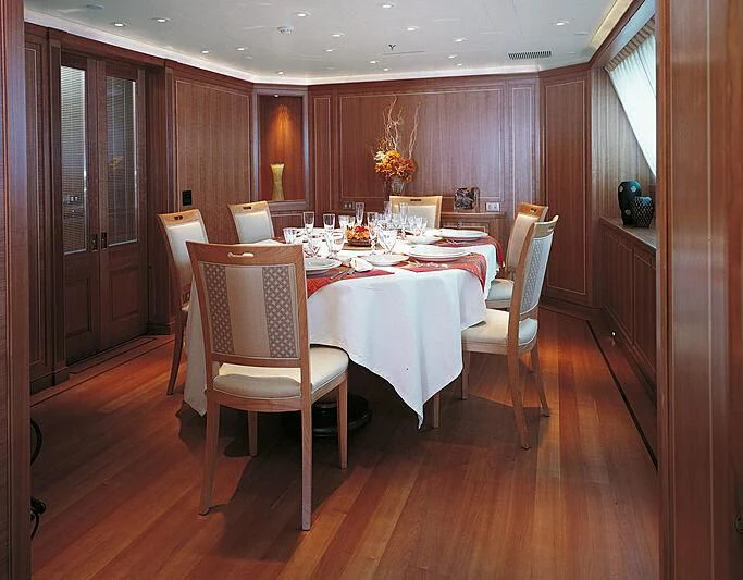 a dining table set for a dinner aboard BURRASCA Yacht for Sale