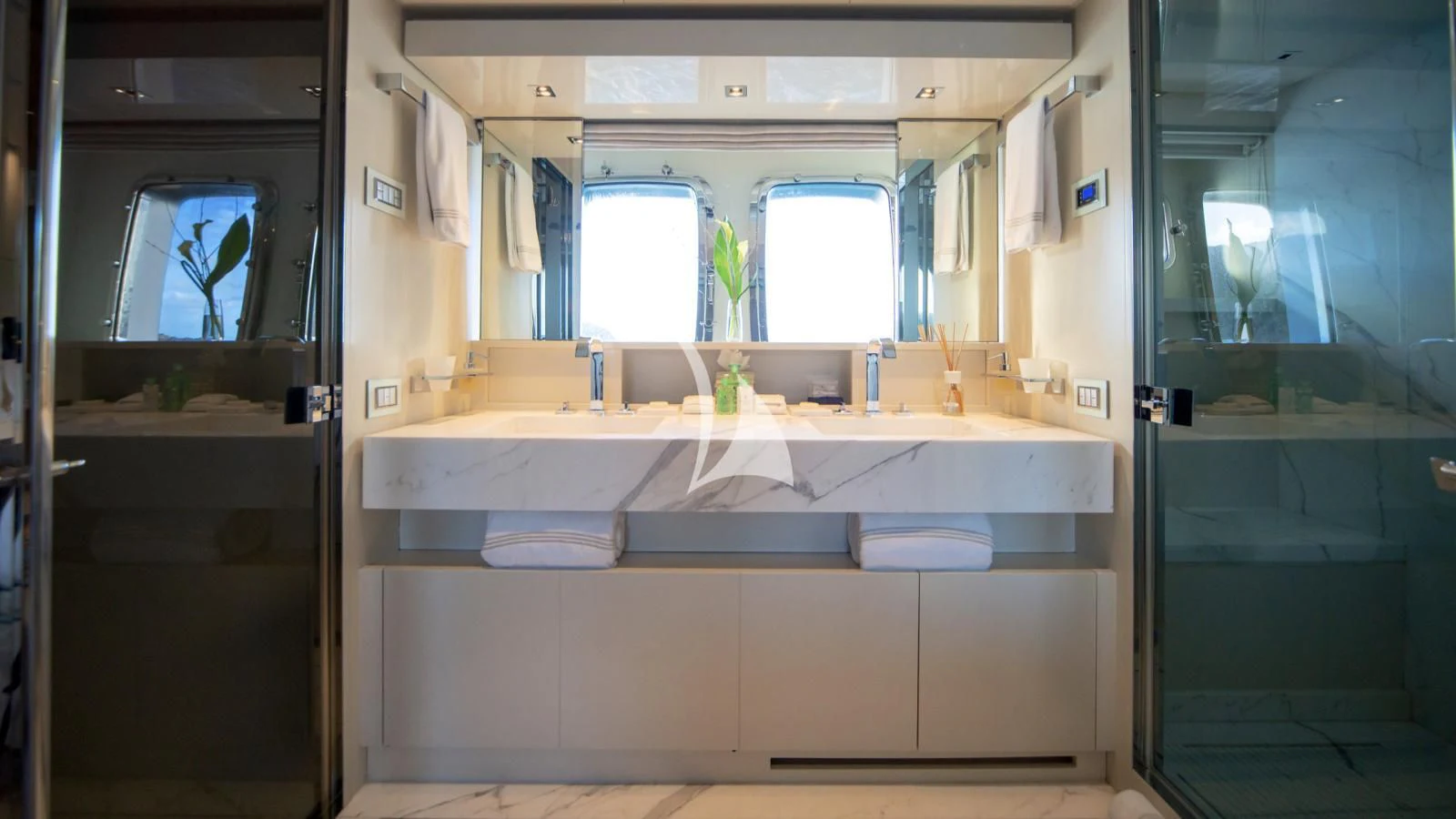 a bathroom with a large countertop aboard SQUALO Yacht for Sale