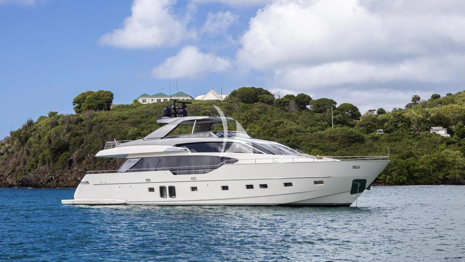 a white yacht in the water aboard SQUALO Yacht for Sale