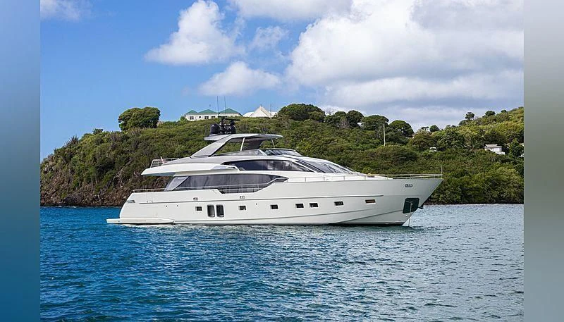 a white yacht in the water aboard SQUALO Yacht for Sale