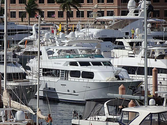 a group of boats are parked in a harbor aboard IRON LADY Yacht for Sale