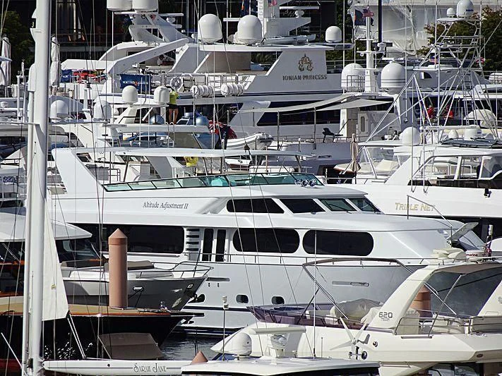 a group of boats in a harbor aboard IRON LADY Yacht for Sale