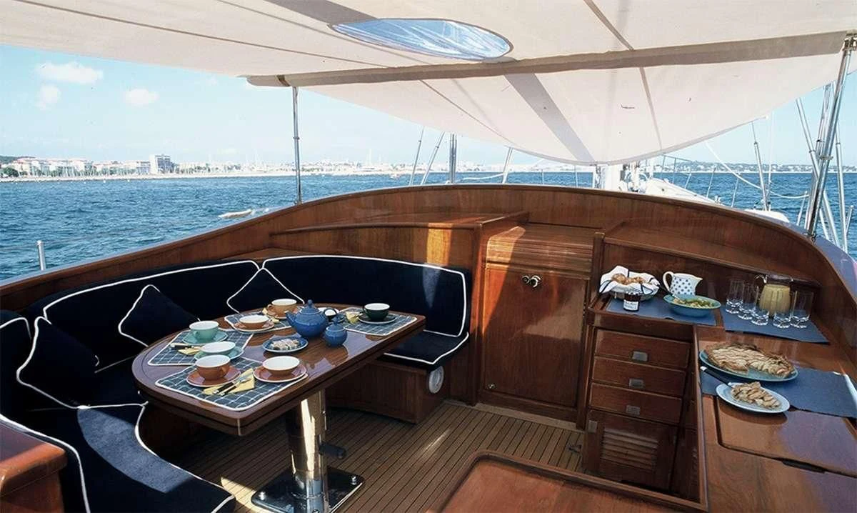 a table with food on it aboard MALIZIA Yacht for Sale