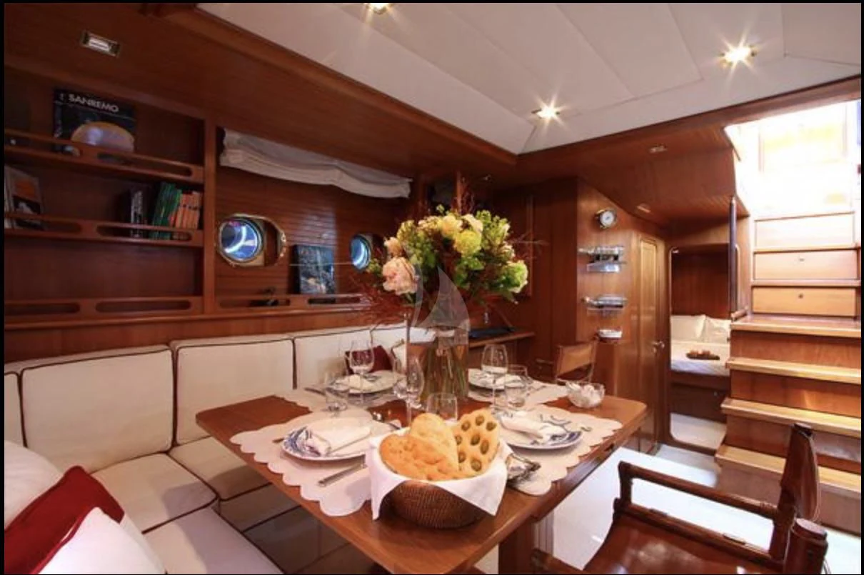 a table with food on it aboard MALIZIA Yacht for Sale