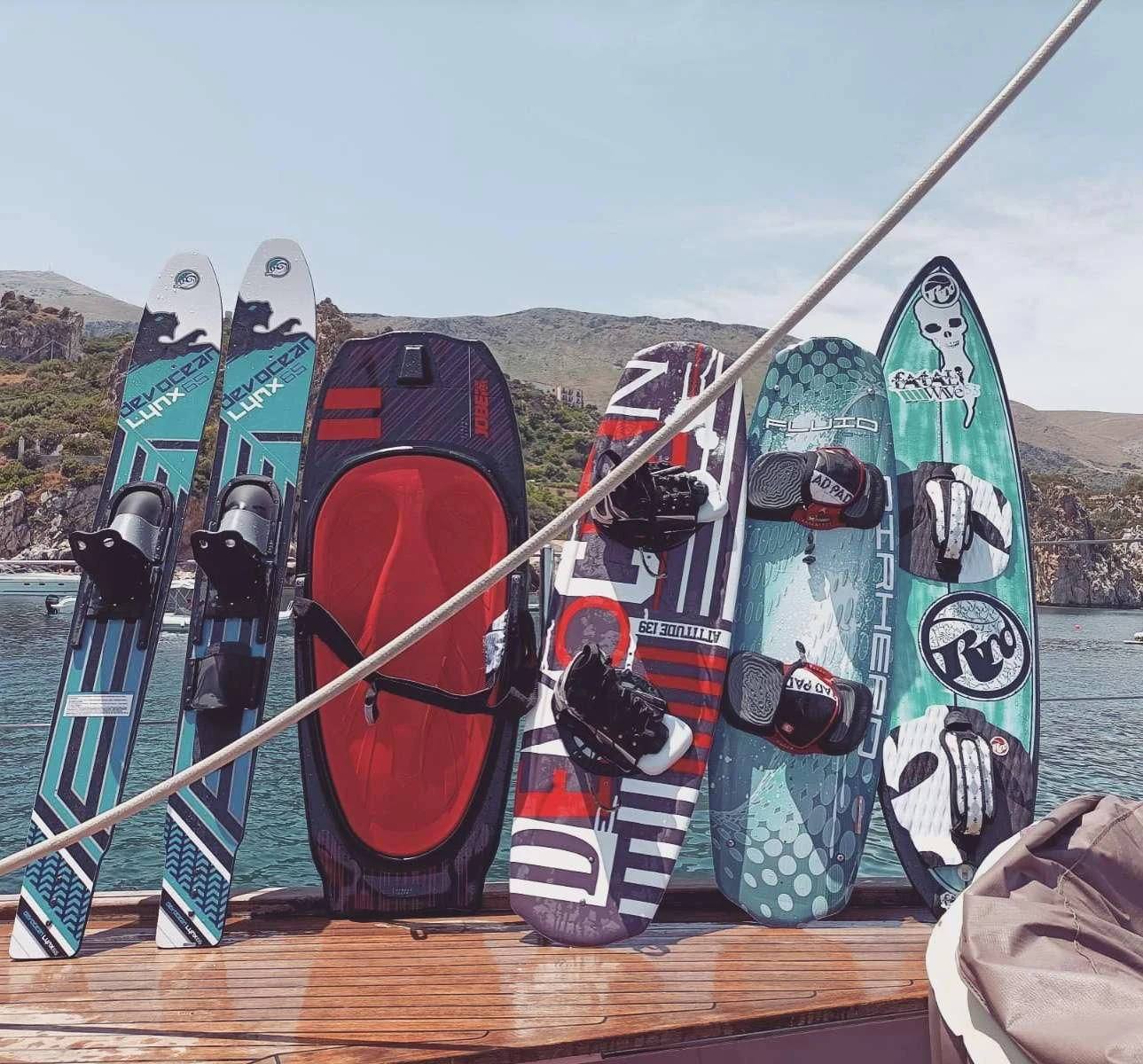 a group of snowboards on a boat aboard MALIZIA Yacht for Sale