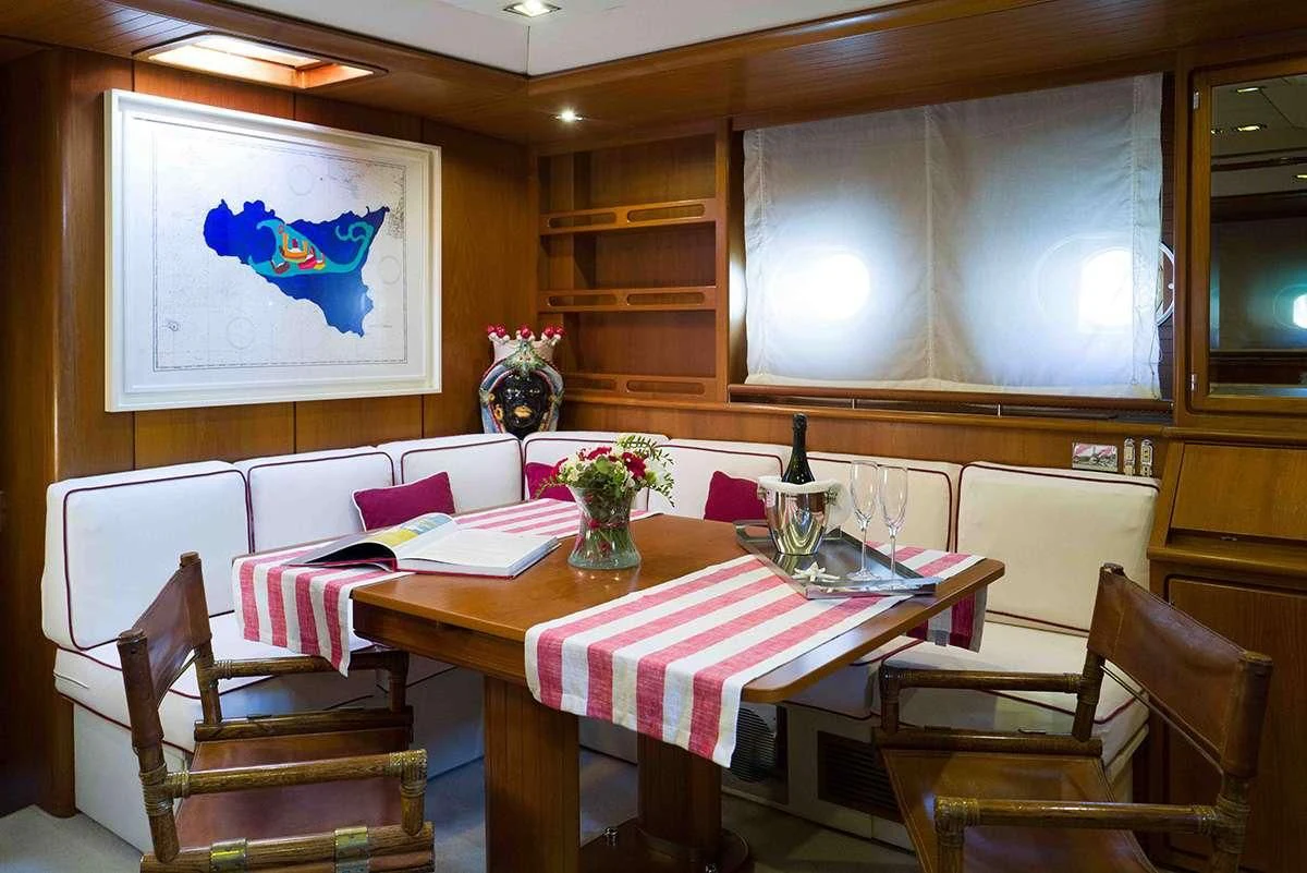 a room with a table chairs and a white board aboard MALIZIA Yacht for Sale